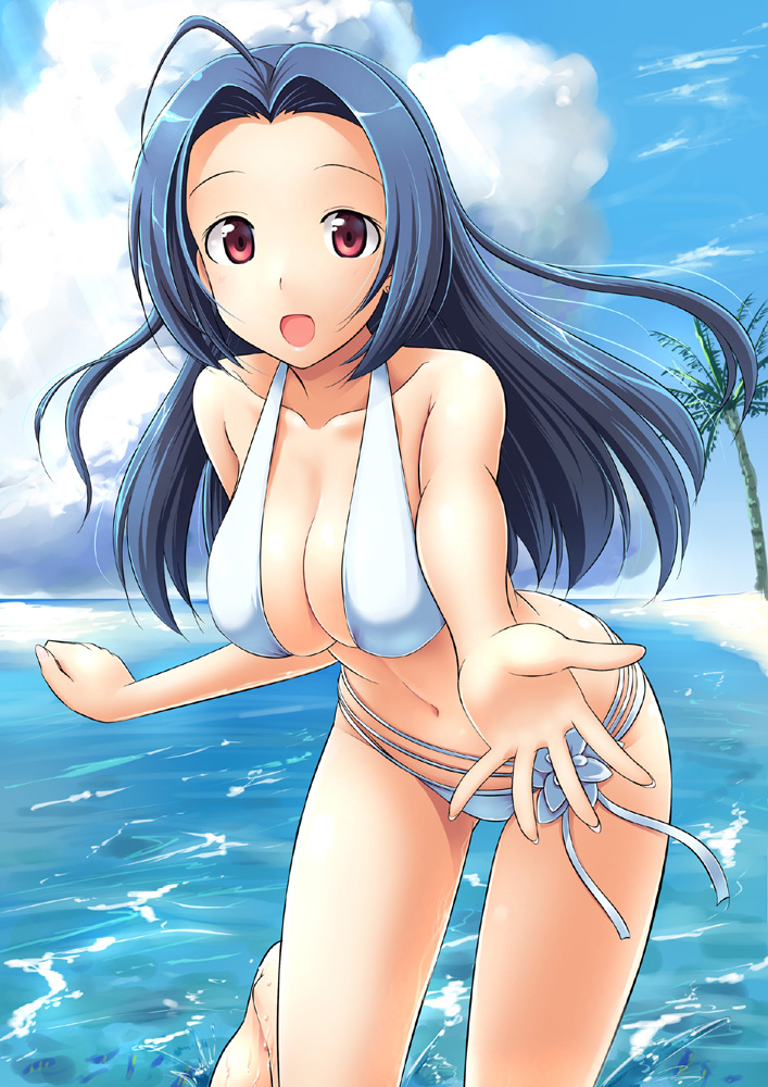 takayaki, miura azusa, idolmaster, idolmaster (classic), 00s, 1girl, ahoge, beach, bikini, blue hair, breasts, cleavage, day, female focus, large breasts, long hair, ocean, open mouth, outdoors, outstretched hand, red eyes, solo, swimsuit, water, white bikini