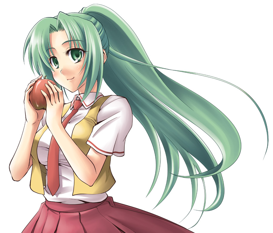 fuugetsu makoto, sonozaki mion, higurashi no naku koro ni, 00s, 1girl, apple, female focus, food, fruit, green eyes, green hair, holding, holding food, holding fruit, long hair, matching hair/eyes, necktie, red necktie, solo