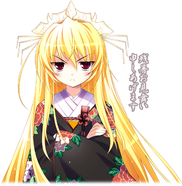 sakana (flame sakana), sendou kaya, fortune arterial, 1girl, blonde hair, crossed arms, crown, female focus, floral print, frown, japanese clothes, kimono, long hair, red eyes, solo, staring, sweat, very long hair, zanshomimai