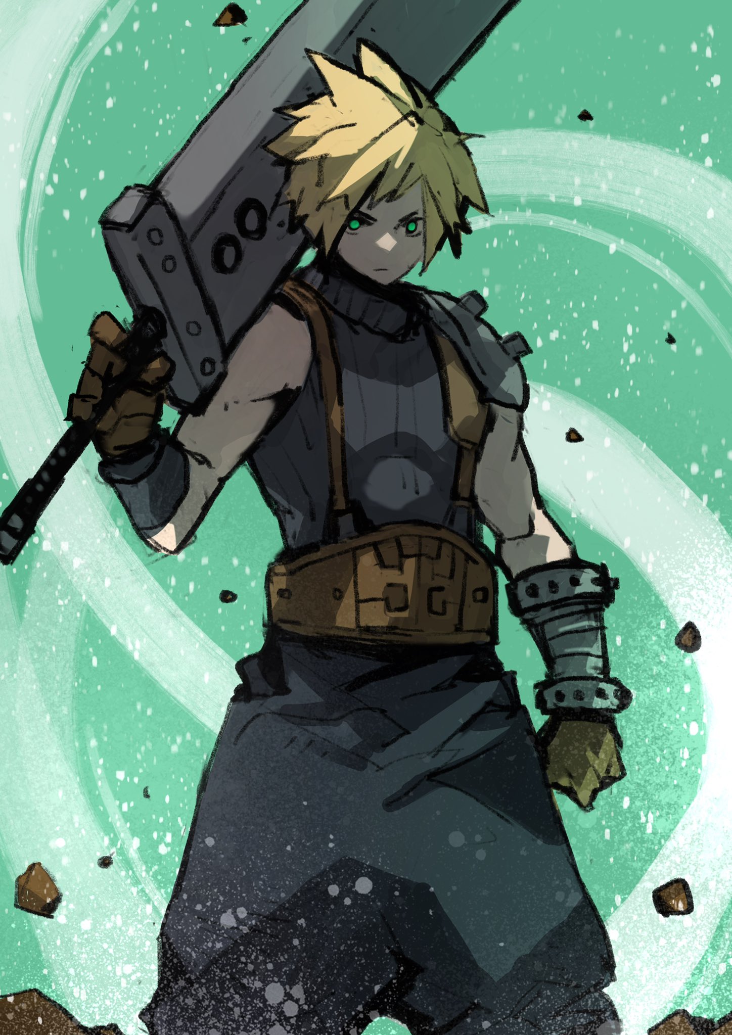 e-kaki, cloud strife, final fantasy, final fantasy vii, highres, 1boy, aqua eyes, armor, armored gloves, baggy pants, belt, blonde hair, blue pants, blue shirt, brown belt, brown gloves, buster sword, closed mouth, cowboy shot, debris, gloves, holding, holding sword, holding weapon, lifestream, male focus, pants, pauldrons, shirt, short hair, shoulder armor, single bare shoulder, single pauldron, sketch, sleeveless, sleeveless turtleneck, solo, suspenders, sword, turtleneck, weapon