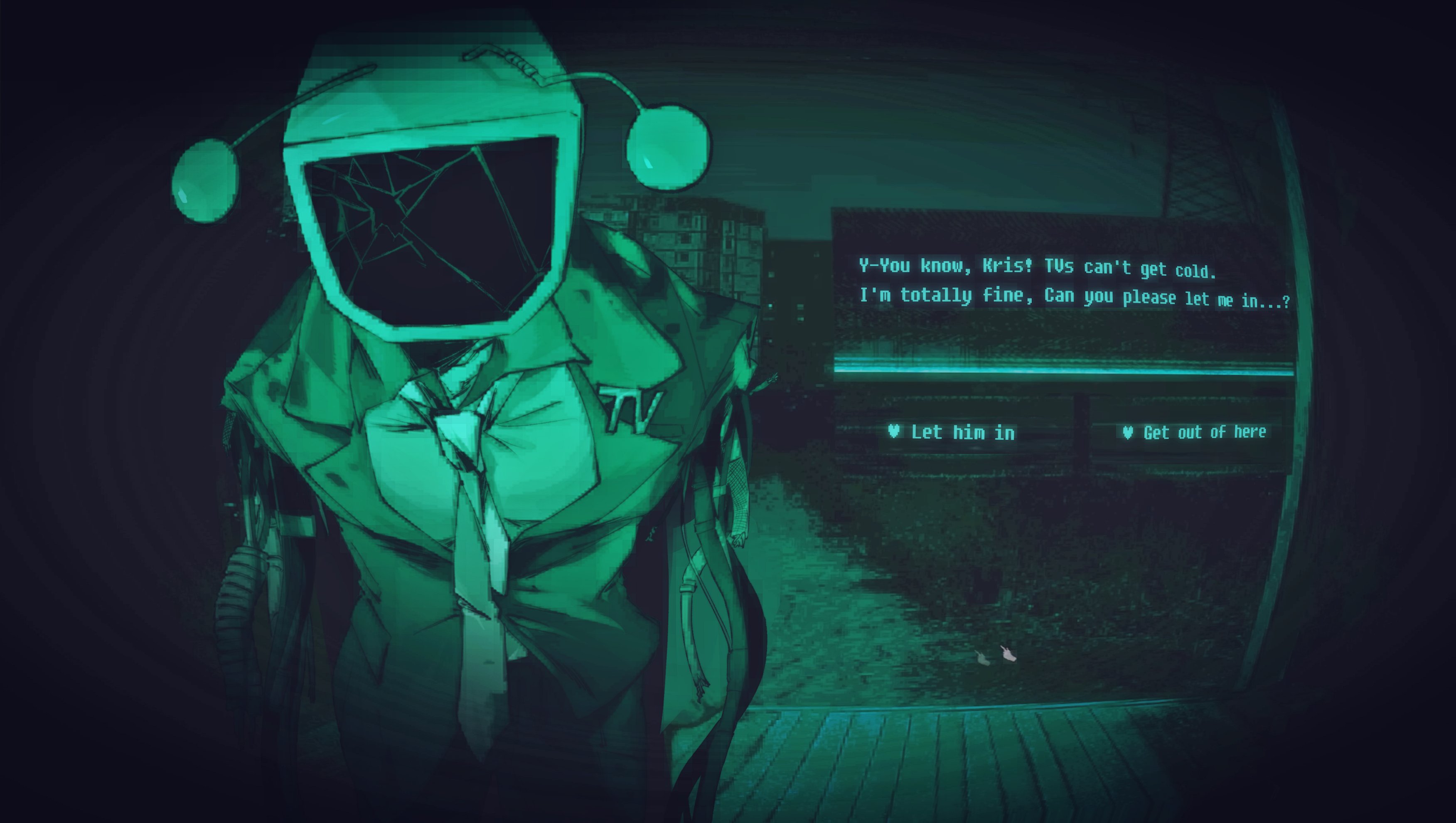 ant tenna, deltarune, no i'm not a human, utdr (toby fox), absurdres, commentary, english commentary, highres, 1boy, 666killchopde1u, building, cable, collared shirt, cowboy shot, cracked screen, crt, dialogue box, dialogue options, english text, grass, green theme, jacket, male focus, mechabare, necktie, object head, porch, pov peephole, radio antenna, shirt, solo, torn clothes