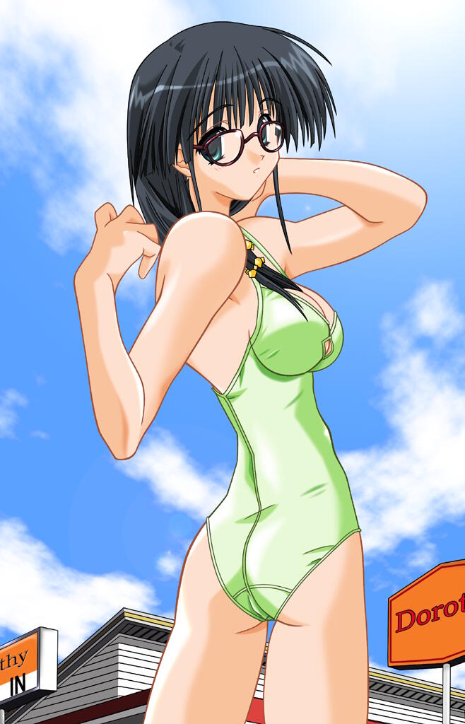 hasebe aya, comic party, non-web source, 00s, 1girl, aqua eyes, ass, black hair, breasts, cleavage, female focus, glasses, long hair, medium breasts, one-piece swimsuit, solo, swimsuit