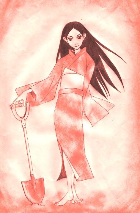 seishoku fuoto, kitsu chiri, sayonara zetsubou sensei, bad id, bad pixiv id, 00s, 1girl, black hair, female focus, japanese clothes, kimono, long hair, monochrome, parted bangs, pink theme, shovel, solo, worktool