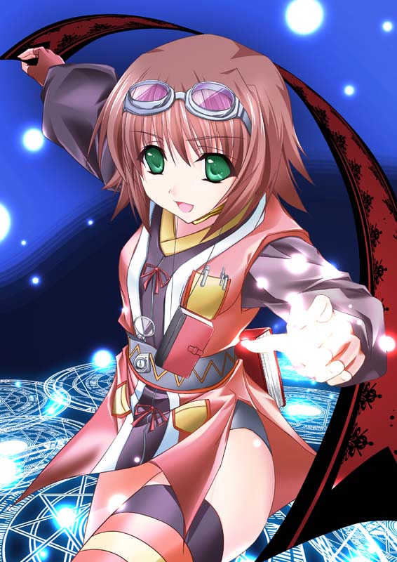 maho (yakimorokoshi), mashuu (masyu), rita mordio, tales of (series), tales of vesperia, multicolored legwear, 00s, 1girl, asymmetrical clothes, bob cut, brown hair, female focus, goggles, green eyes, magic circle, open mouth, short hair, single thighhigh, solo, striped clothes, striped thighhighs, thighhighs