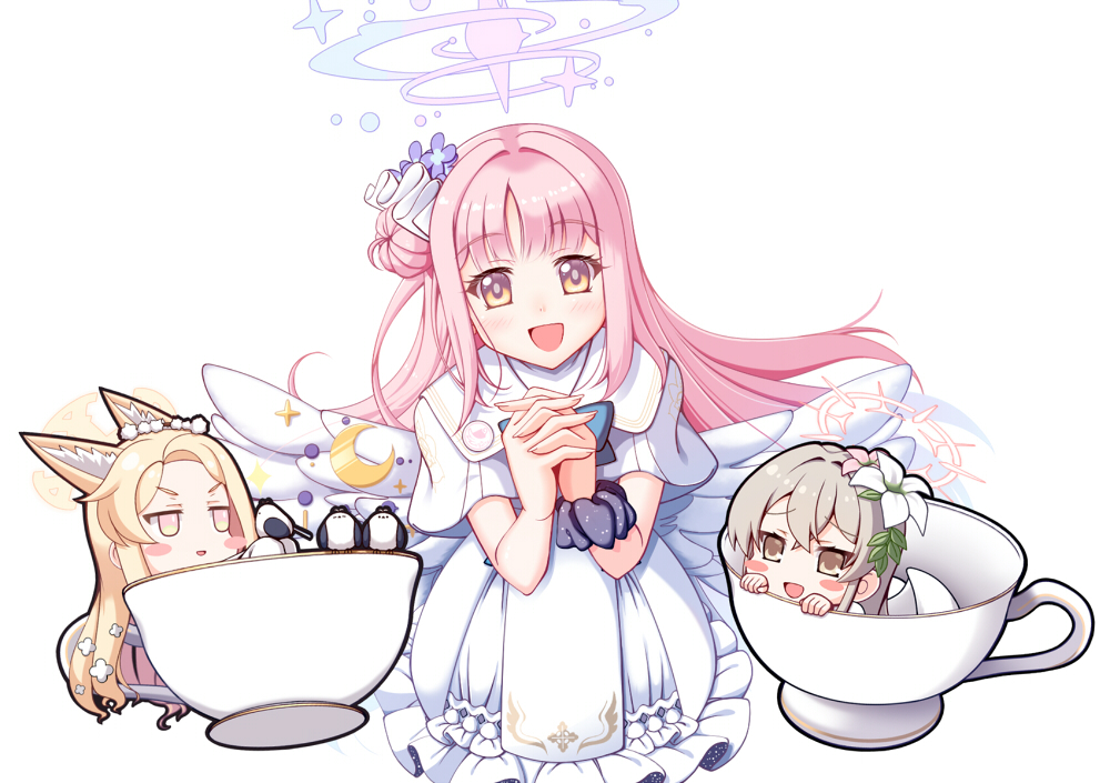 ak@tsuki, mika (blue archive), nagisa (blue archive), seia (blue archive), blue archive, 3girls, angel wings, animal ear fluff, animal ears, bird, bird on hand, blonde hair, blue bow, blush, bow, brown eyes, capelet, cup, dress, feathered wings, flower, fox ears, fox girl, frilled dress, frills, hair between eyes, hair bun, hair flower, hair ornament, halo, long-tailed tit, long sleeves, looking at viewer, low wings, multiple girls, open mouth, pink hair, pink halo, scrunchie, simple background, single hair bun, single side bun, sleeves past wrists, smile, tea party (blue archive), teacup, tit (bird), white background, white capelet, white dress, white flower, white overskirt, white wings, wing ornament, wings, wrist scrunchie, yellow halo