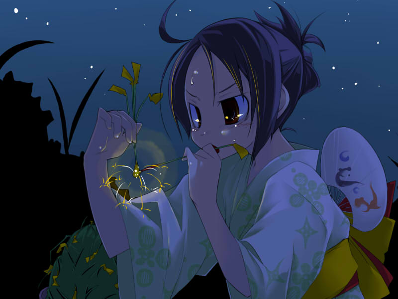 yomi (artist), 1girl, female focus, fireworks, hand fan, japanese clothes, kimono, night, night sky, paper fan, senkou hanabi, sky, solo, sparkler, uchiwa, yukata