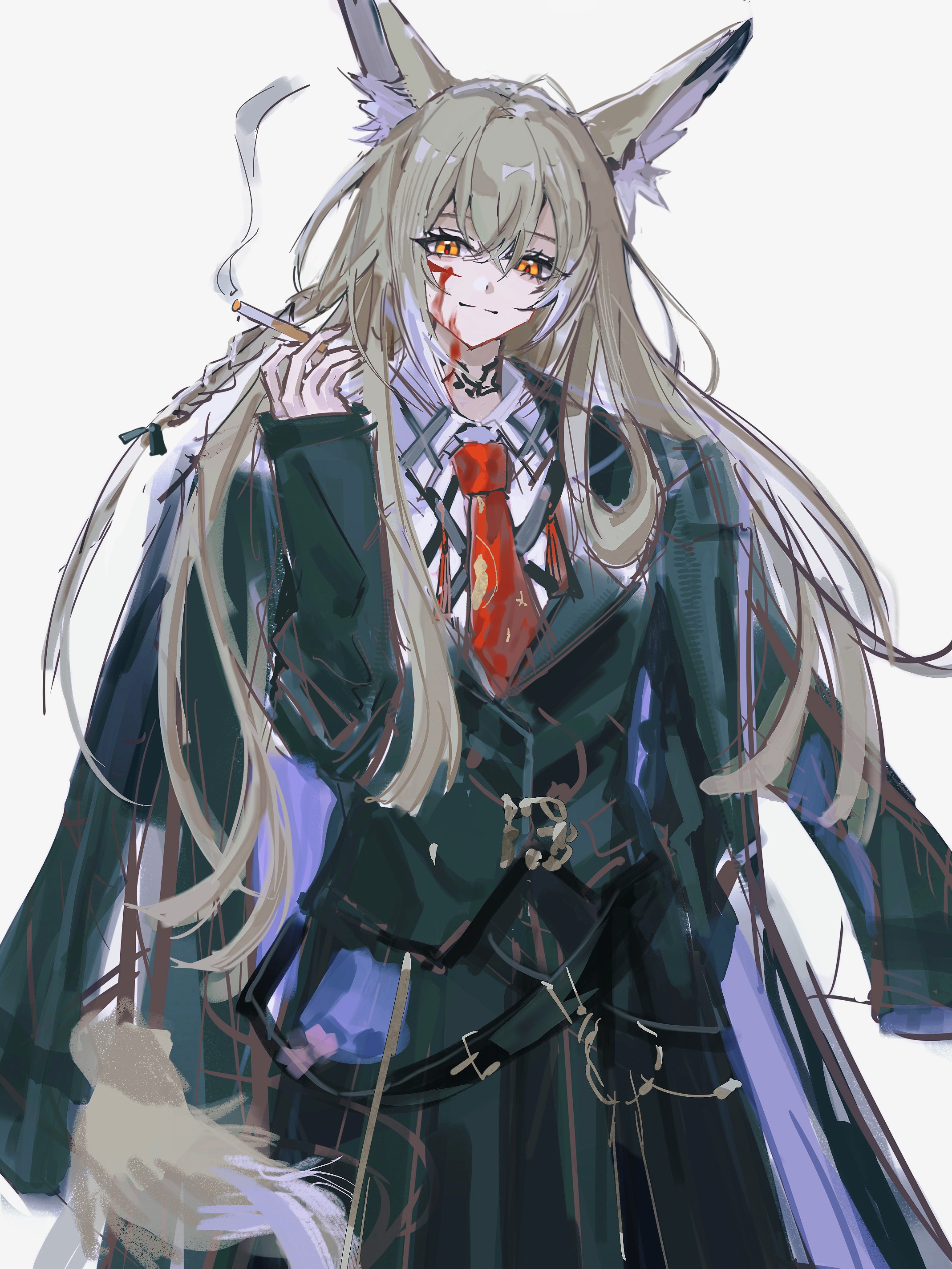 zhishi mao tiao, vulpisfoglia (arknights), arknights, absurdres, chinese commentary, commentary request, highres, 1girl, animal ears, between fingers, black coat, black jacket, blonde hair, blood, blood on face, cigarette, closed mouth, coat, coat on shoulders, crossed bangs, cuts, grey hair, hair between eyes, holding, holding cigarette, injury, jacket, light smile, long hair, looking at viewer, multicolored hair, necktie, orange eyes, red necktie, shirt, simple background, sleeves past wrists, smoke, solo, split mouth, streaked hair, white background, white shirt