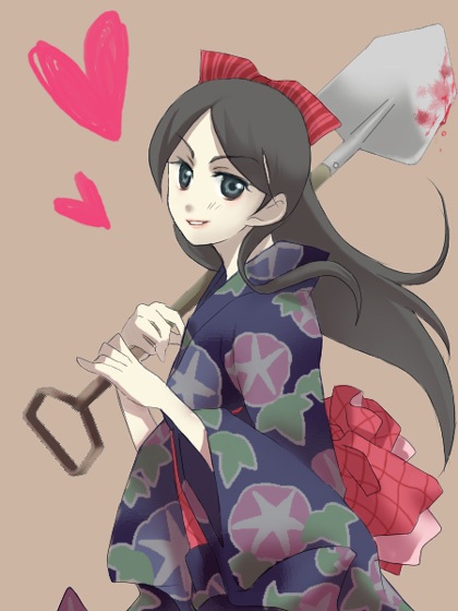 tsuko (pixiv150880), kitsu chiri, sayonara zetsubou sensei, 00s, black eyes, black hair, blood, bow, hairband, japanese clothes, kimono, long hair, parted bangs, shovel, smile, solo, worktool