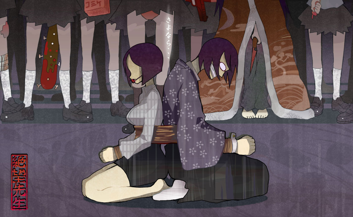 hasesese, arai chie, itoshiki nozomu, sayonara zetsubou sensei, translated, 00s, 1boy, 1girl, bad end, ball gag, barefoot, bdsm, black hair, blanket, blood, bondage, bound, bound wrists, cellphone, club (weapon), everyone, gag, gagged, glasses, japanese clothes, kneeling, knife, panties, pantyshot, phone, purple hair, rope, short hair, skirt, socks, underwear, unmoving pattern, upskirt, weapon, wiffle gag