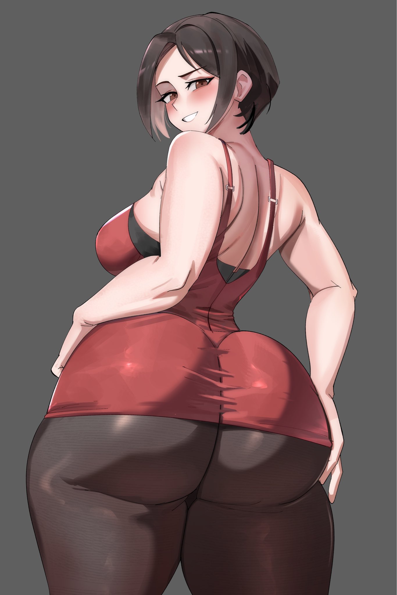 ytrall, ada wong, goddess of victory: nikke, resident evil, resident evil 4, commentary, english commentary, highres, ass, blush, brown eyes, brown hair, dress, from behind, grey background, huge ass, looking at viewer, pantyhose, red dress, simple background, smile, thighs