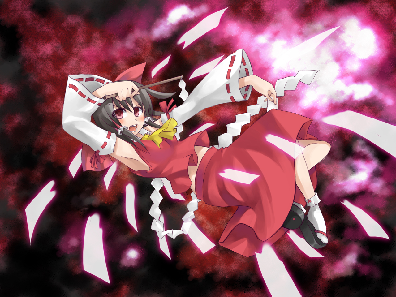 yuuta (tokoton hirune hiyori), hakurei reimu, touhou, bad id, bad pixiv id, 1girl, female focus, full body, gohei, japanese clothes, miko, ribbon, skirt, solo