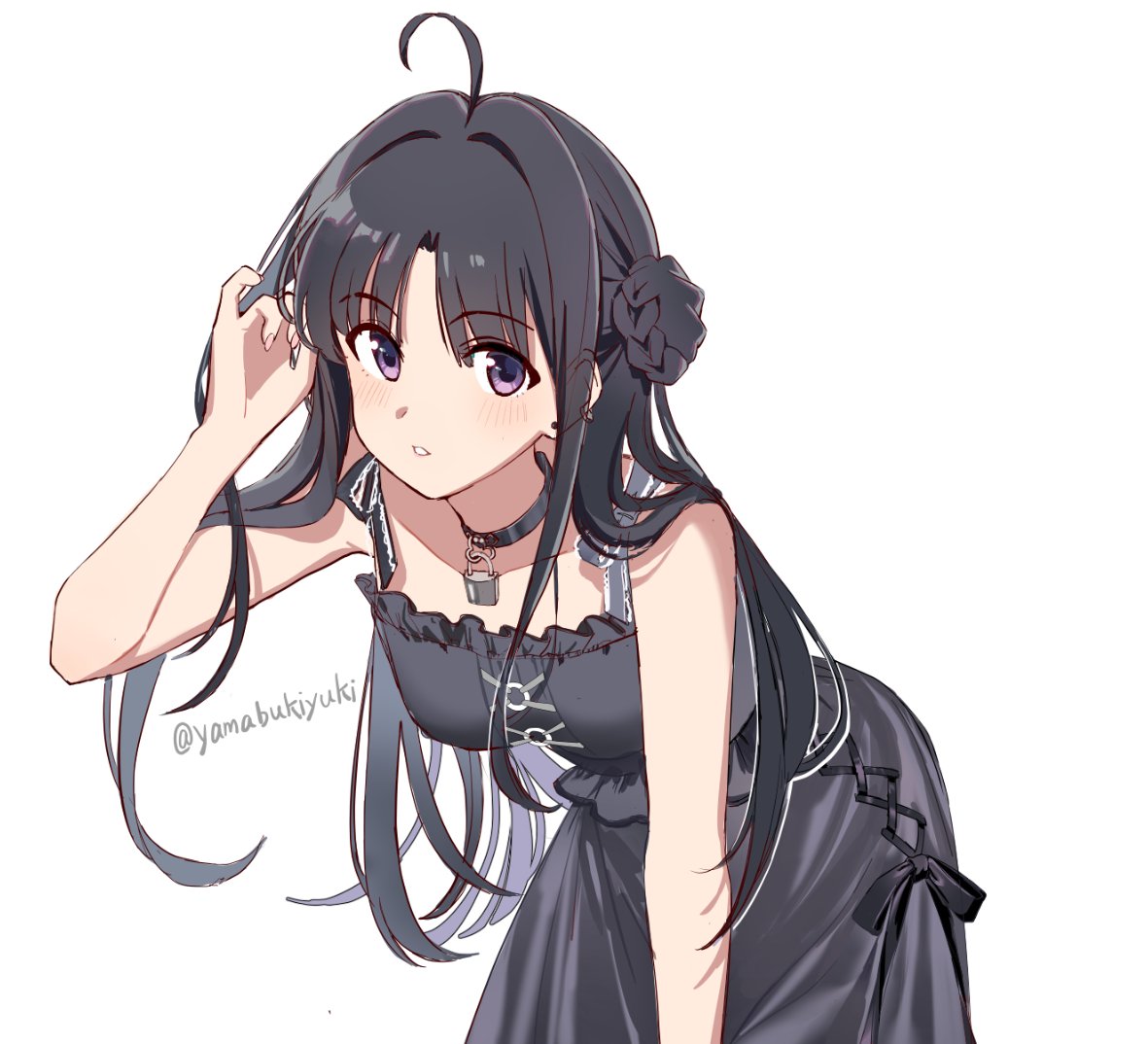 yamabukiyuki, awa subaru, girls band cry, commentary, 1girl, ahoge, animal ears, black choker, black dress, black hair, choker, dress, ear piercing, earrings, jewelry, lock, long hair, looking at viewer, open mouth, piercing, purple eyes, sidelocks, simple background, solo, tucking hair, white background