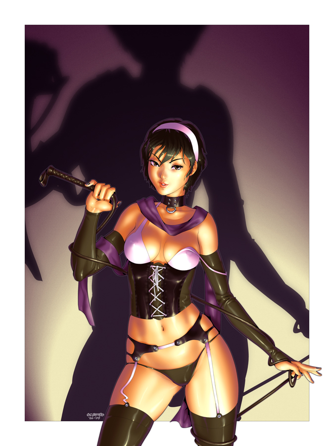 chester ocampo, 1girl, bdsm, black hair, collar, corset, dominatrix, female focus, garter belt, ocampo, panties, short hair, solo, thighhighs, underwear, whip