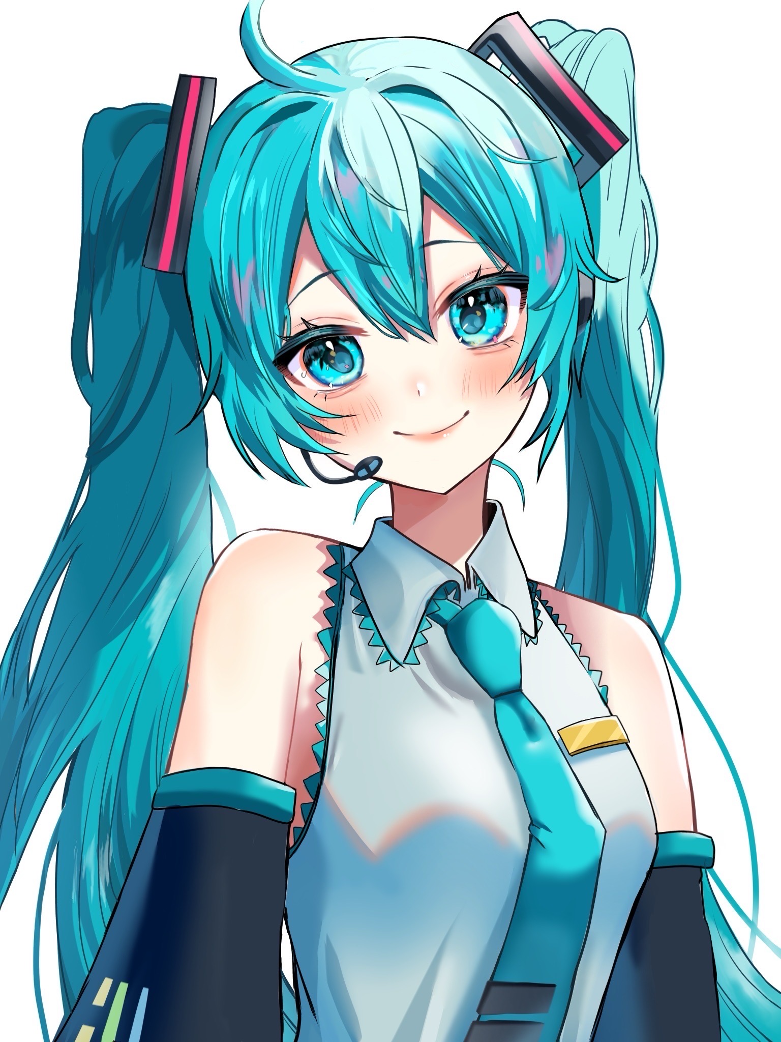 ia34550364, hatsune miku, vocaloid, highres, 1girl, ahoge, blue eyes, blue hair, blue necktie, blue trim, blush, breasts, closed mouth, collared shirt, detached sleeves, hair between eyes, hair ornament, headset, long hair, long sleeves, looking at viewer, medium breasts, necktie, shirt, sleeveless, sleeveless shirt, smile, solo, twintails, very long hair, white shirt