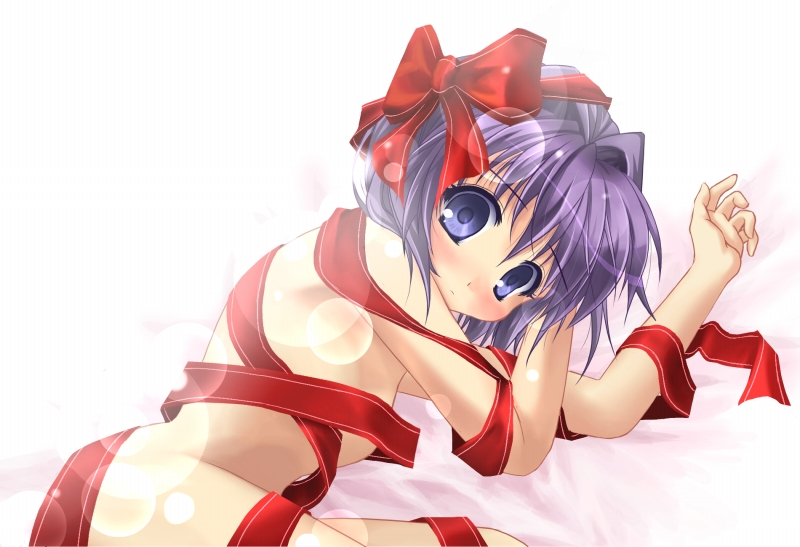 yuizaki hizumi, fujibayashi ryou, clannad, 00s, 1girl, blue eyes, blush, female focus, lying, naked ribbon, on side, purple hair, ribbon, solo