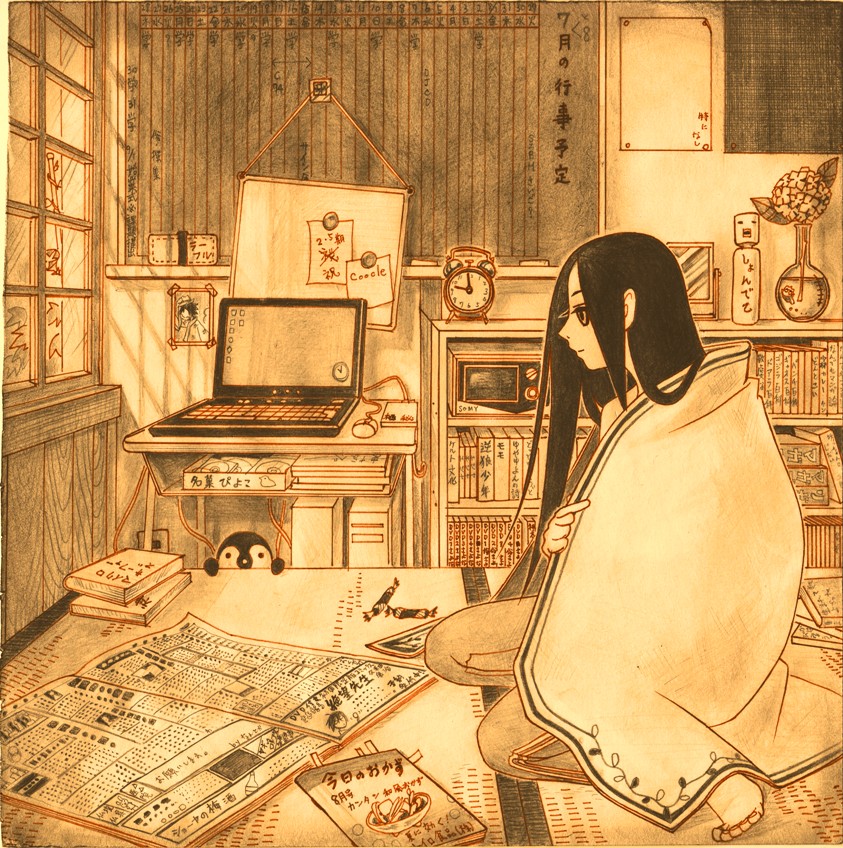 seishoku fuoto, komori kiri, sayonara zetsubou sensei, bad id, bad pixiv id, 00s, 1girl, black hair, blanket, clock, computer, computer keyboard, computer mouse, dvd (object), female focus, hikikomori, kneeling, laptop, long hair, monochrome, newspaper, sepia, shouji, sliding doors, solo, tatami, vase, window