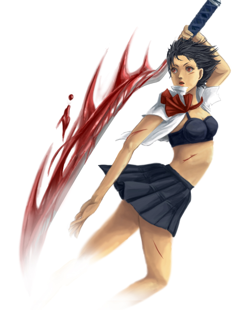 haruki teiuno, otonashi saya, blood+, bad id, bad pixiv id, 00s, black hair, blood, bow, bra, lingerie, looking back, midriff, open clothes, open shirt, red eyes, shirt, short hair, skirt, sword, underwear, weapon