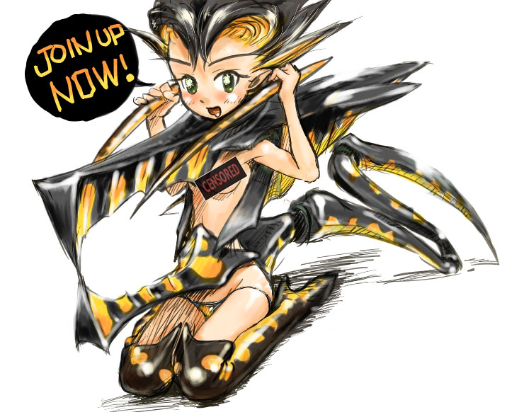 arachnid (starship troopers), warrior bug, starship troopers, uchuu no senshi, 1980s (style), 1girl, arthropod girl, bug, censored, english text, female focus, green eyes, kneeling, monster girl, oldschool, personification, propaganda, retro artstyle, solo