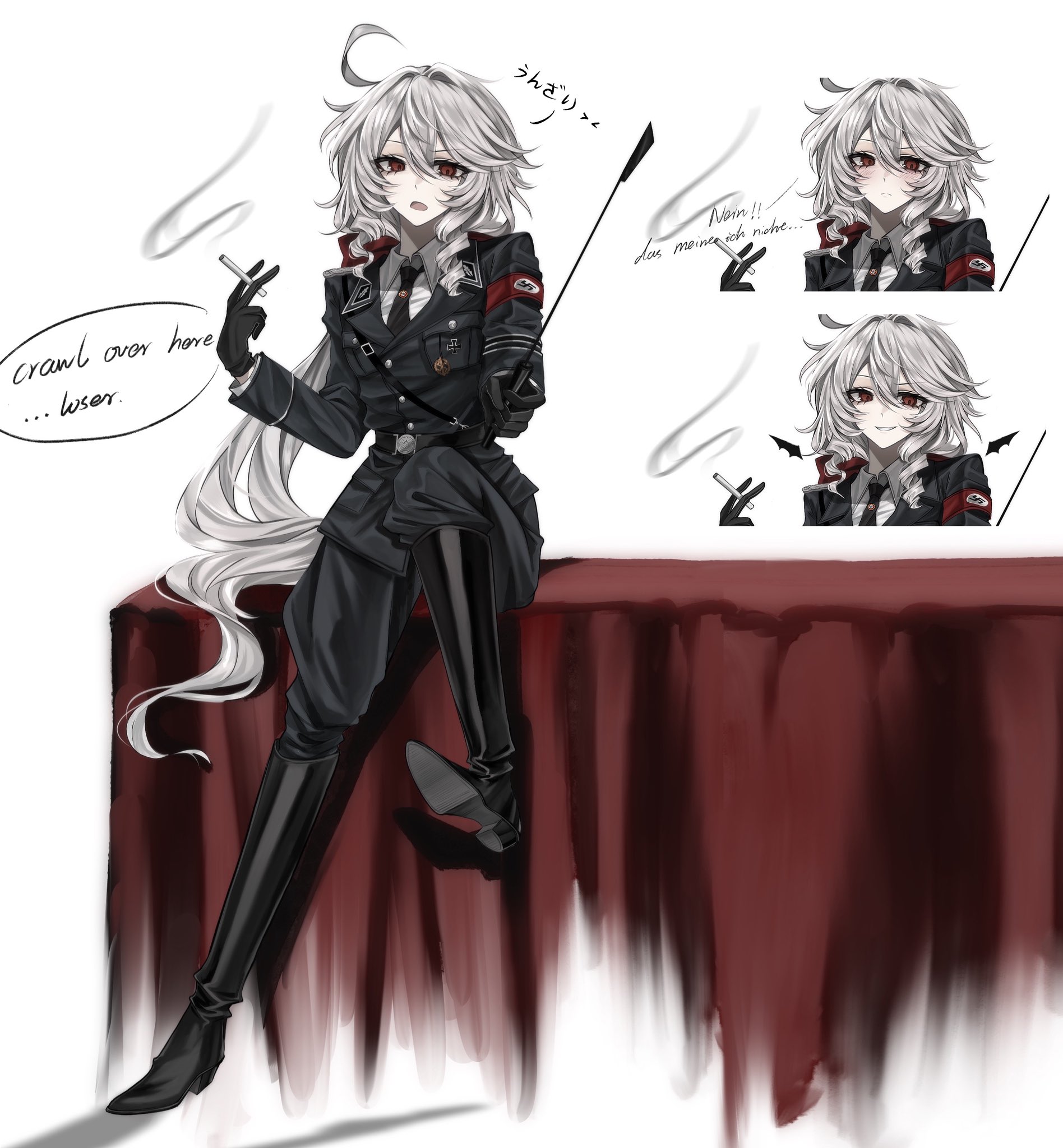 original, artist request, highres, tagme, albino, boots, military uniform, nazi, smoking, white hair