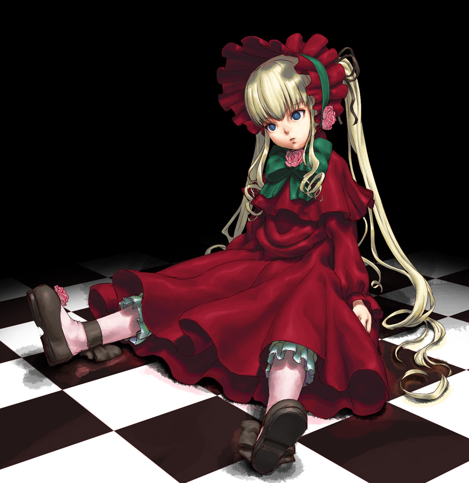 chyko, shinku, rozen maiden, 00s, 1girl, blonde hair, blue eyes, bonnet, checkered floor, dress, female focus, long hair, perspective, sitting, solo, twintails