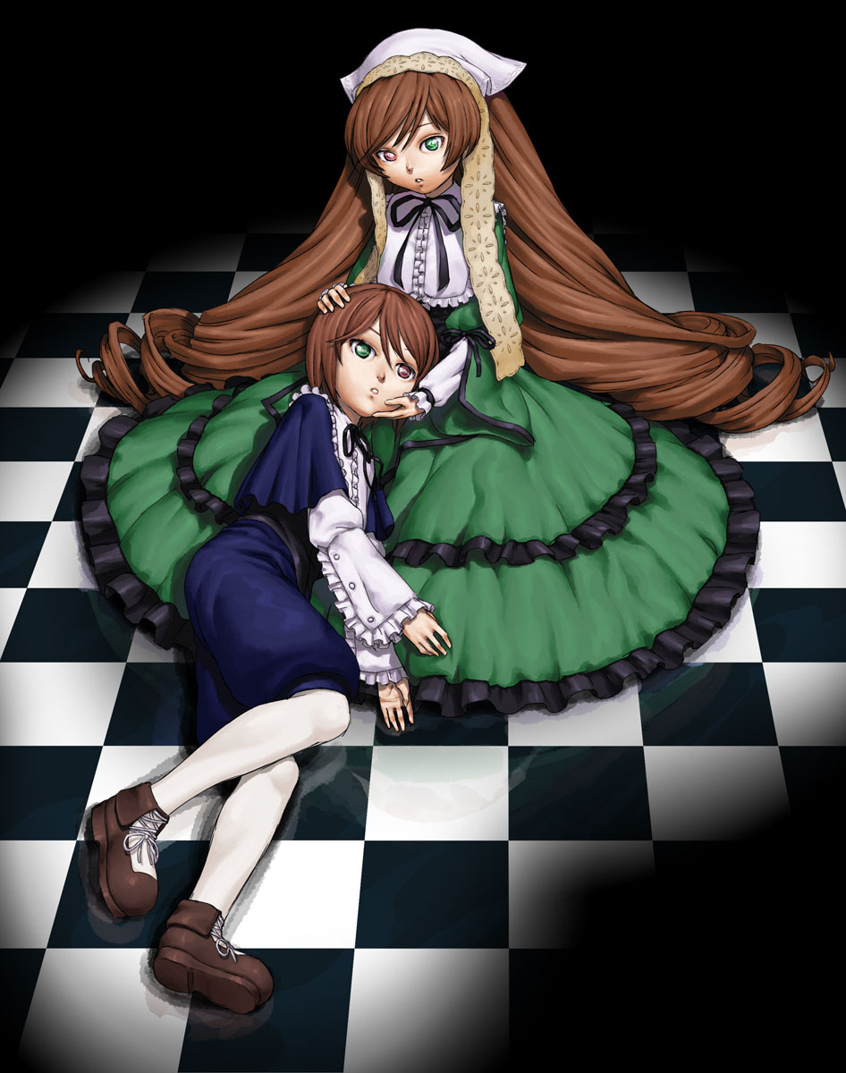 chyko, souseiseki, suiseiseki, rozen maiden, bad id, bad pixiv id, highres, 00s, 2girls, brown hair, dress, green eyes, headscarf, heterochromia, lap pillow, long hair, multiple girls, pantyhose, red eyes, short hair, siblings, sisters, twins, white headscarf