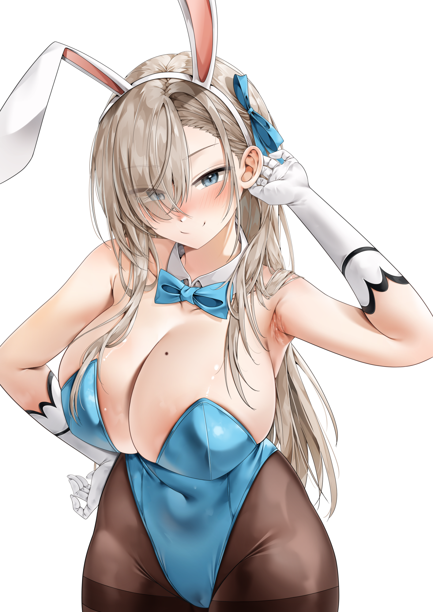 grayfox, asuna (blue archive), asuna (bunny) (blue archive), blue archive, commentary, highres, 1girl, animal ears, bare shoulders, blonde hair, blue bow, blue bowtie, blue eyes, blue halo, blue leotard, blush, bow, bowtie, breasts, cameltoe, cleavage, covered navel, detached collar, fake animal ears, gloves, hair over one eye, hair ribbon, halo, hand on own hip, large breasts, leotard, long hair, looking at viewer, mole, mole on breast, pantyhose, playboy bunny, rabbit ears, ribbon, smile, solo, strapless, strapless leotard, thighband pantyhose, very long hair, white gloves