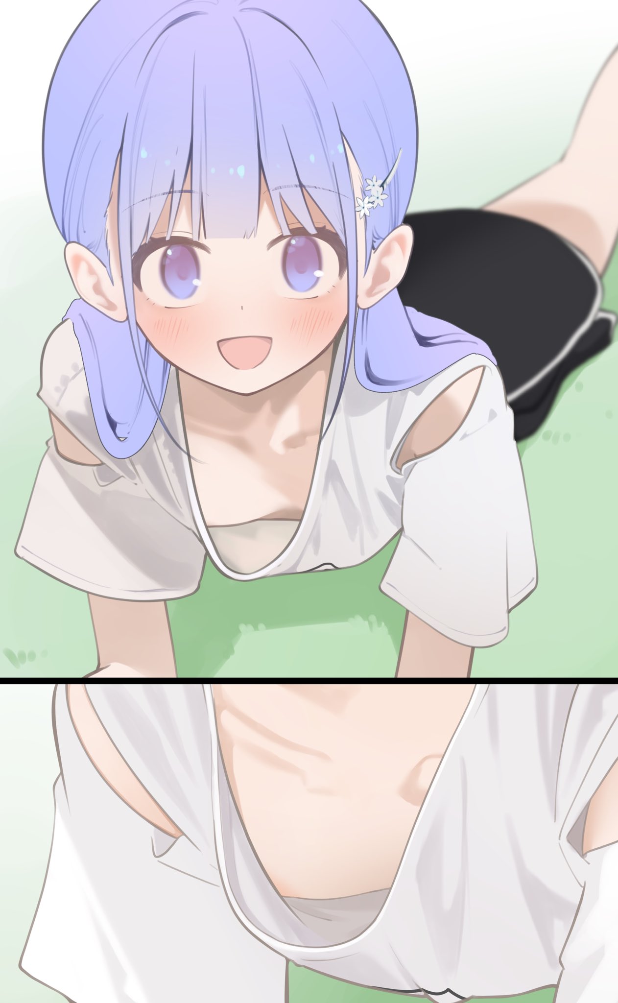 pei iriya, hayakawa sena (pei iriya), original, highres, 1girl, :d, areola slip, black shorts, breasts, dolphin shorts, downblouse, hair ornament, hairclip, long hair, looking at viewer, lying, multiple views, on stomach, open mouth, purple eyes, purple hair, shirt, short shorts, shorts, small breasts, smile, white shirt