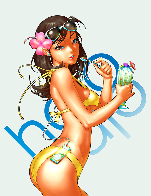 chester ocampo, 1girl, ass, bikini, breasts, brown eyes, brown hair, cowboy shot, digital media player, earphones, eyewear on head, female focus, flower, food, from side, hair flower, hair ornament, hibiscus, holding, holding spoon, ice cream, ipod, lips, long hair, looking at viewer, medium breasts, object in clothes, object in swimsuit, open mouth, outline, solo, spoon, sunglasses, swimsuit, yellow bikini