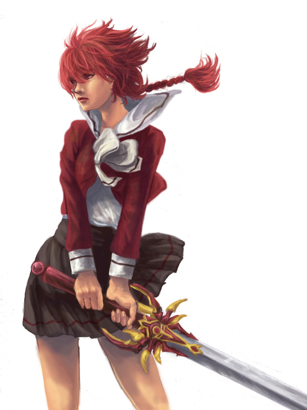 haruki teiuno, shidou hikaru, magic knight rayearth, 1990s (style), 1girl, braid, female focus, long hair, realistic, red eyes, red hair, retro artstyle, school uniform, serafuku, simple background, single braid, skirt, solo, sword, weapon, white background, wind
