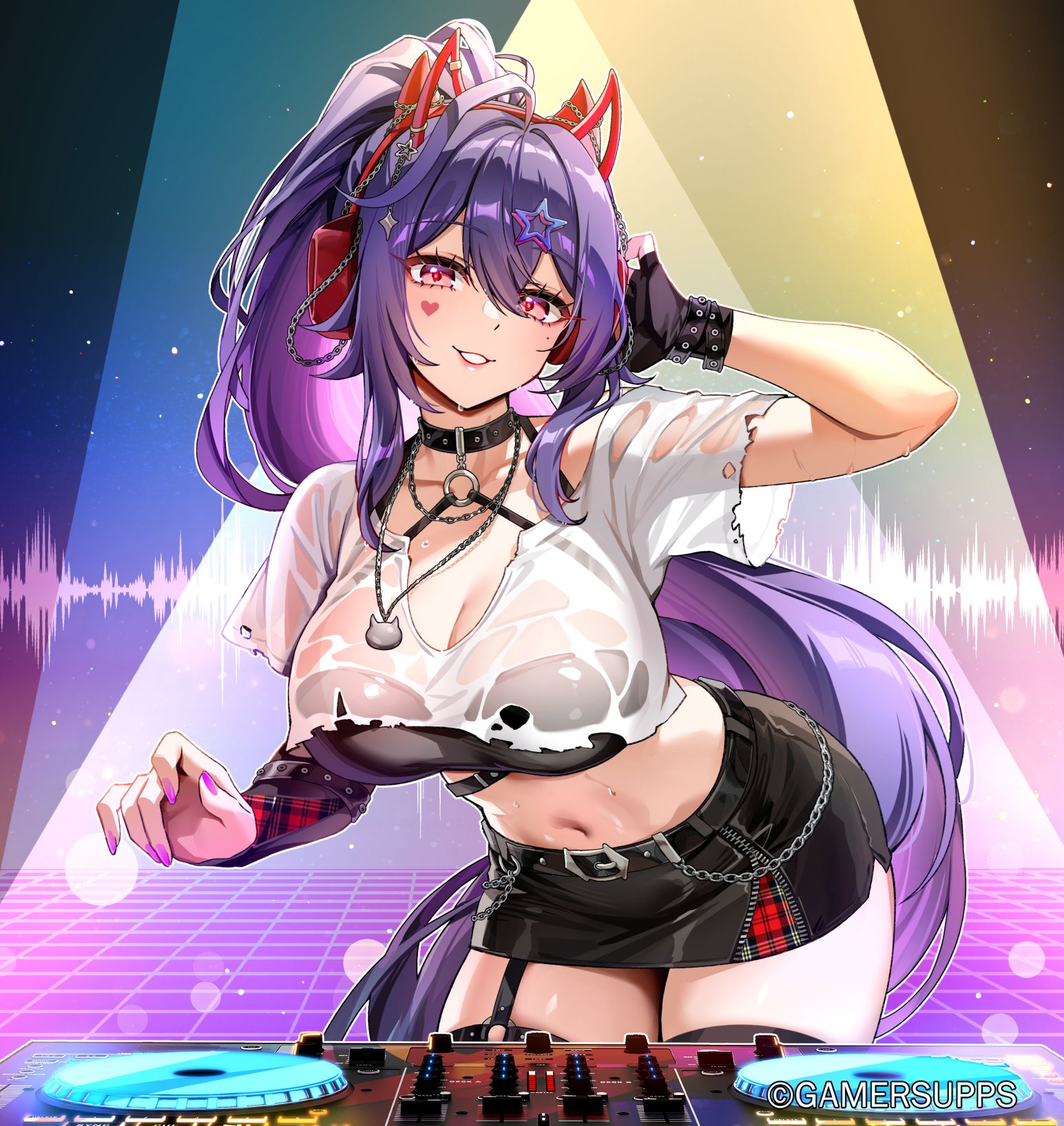 foxyreine, akuma nihmune, gamer supps, indie virtual youtuber, commentary, english commentary, highres, official art, 1girl, belt, black belt, black choker, black gloves, black shirt, black skirt, breasts, choker, cleavage, collarbone, crop top, cropped shirt, facial mark, feet out of frame, fingerless gloves, fingernails, gloves, grin, hair between eyes, halterneck, hand up, headphones, high ponytail, horns, large breasts, leaning forward, lips, long hair, looking at viewer, midriff, miniskirt, mixing console, mole, mole under eye, navel, pink eyes, ponytail, purple hair, purple nails, see-through clothes, see-through shirt, see-through silhouette, shirt, short sleeves, single glove, skirt, smile, solo, stomach, sweat, thigh belt, thigh strap, torn clothes, torn shirt, undershirt, very long hair, virtual youtuber, white shirt