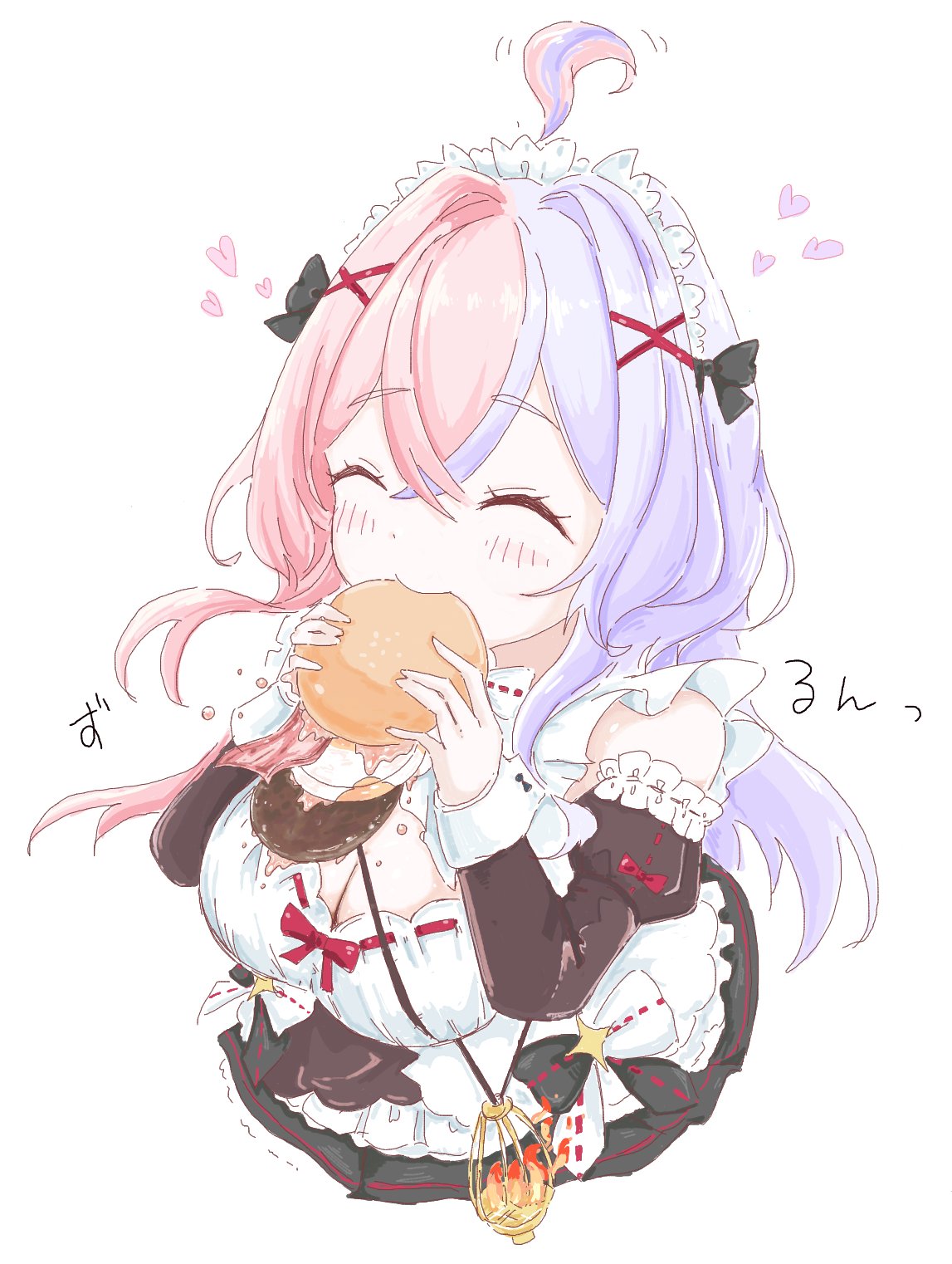 monster strike, highres, 1girl, ahoge, bare shoulders, breasts, cleavage, eating, eris (monster strike), from above, huge breasts, maid, maid headdress, multicolored hair, pink hair, potechi2748, ribbon, skirt, smile, solo, two-tone hair, white background