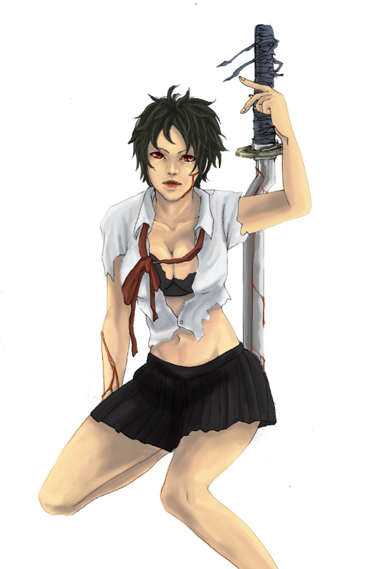 haruki teiuno, otonashi saya, blood+, bad id, bad pixiv id, 00s, black hair, blood, bra, lingerie, midriff, open clothes, open shirt, red eyes, shirt, short hair, skirt, solo, sword, torn clothes, underwear, weapon