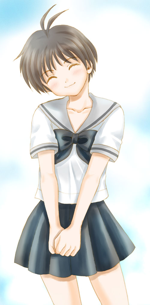 ariga nao, kikuchi makoto, idolmaster, idolmaster (classic), idolmaster 1, md5 mismatch, resolution mismatch, source larger, 00s, 1girl, antenna hair, blush, bow, brown hair, closed eyes, cloud, female focus, head tilt, school uniform, serafuku, short hair, sky, smile, solo