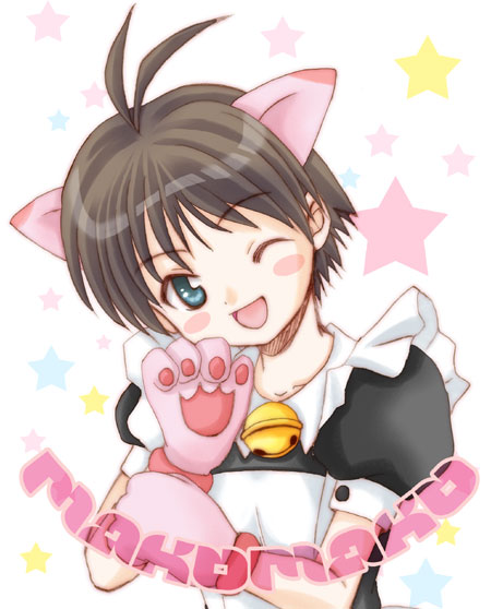 ariga nao, kikuchi makoto, idolmaster, idolmaster (classic), md5 mismatch, 00s, 1girl, animal ears, animal hands, antenna hair, bell, blue eyes, blush, brown hair, cat ears, collar, female focus, neck bell, one eye closed, short hair, solo, wink