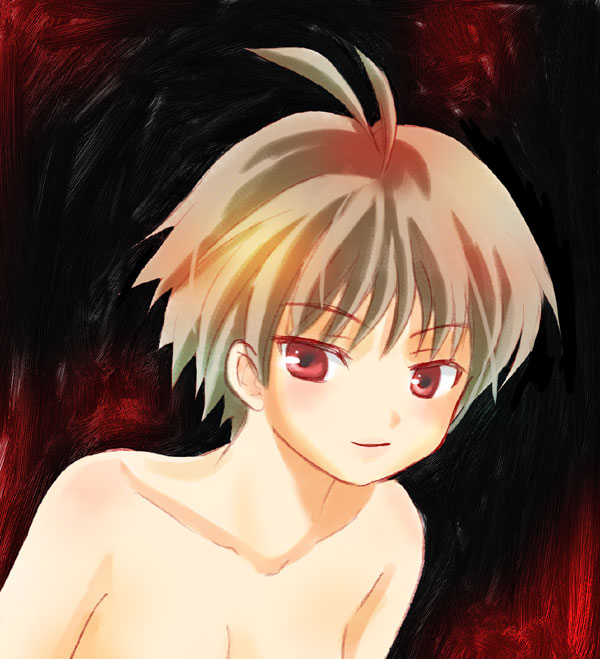ariga nao, kikuchi makoto, idolmaster, idolmaster (classic), idolmaster 1, md5 mismatch, 00s, 1girl, antenna hair, female focus, nude, red eyes, short hair, solo