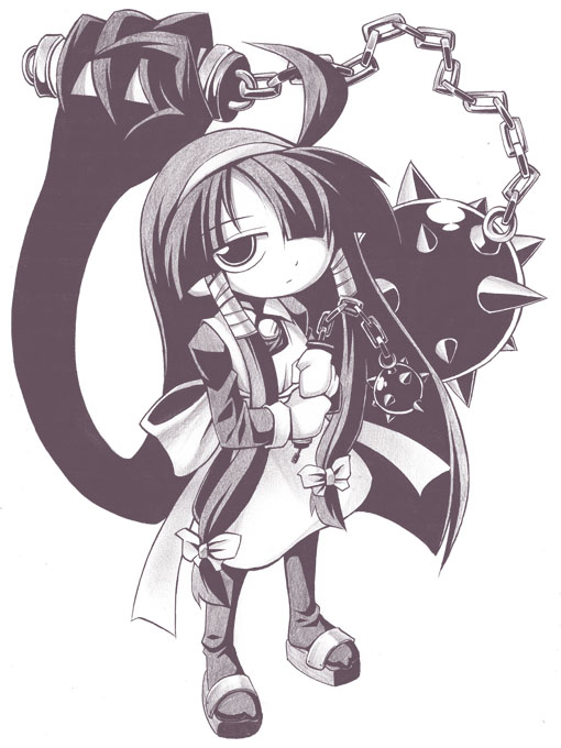 lucuha, lucu lucu, 1girl, apron, black hair, female focus, flail, long hair, monochrome, purple theme, ribbon, solo, weapon