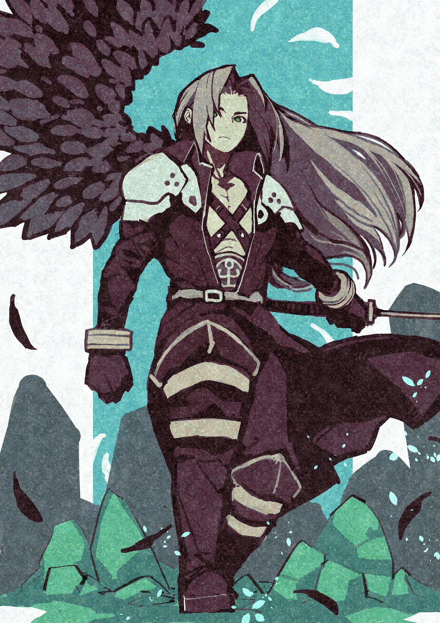 e-kaki, sephiroth, final fantasy, final fantasy vii, highres, 1girl, aqua background, armor, bangle, black boots, black coat, black feathers, black gloves, black pants, black wings, boots, border, bracelet, chest strap, closed mouth, coat, falling feathers, feathered wings, feathers, full body, gloves, grey hair, holding, holding sword, holding weapon, jewelry, long coat, long hair, male focus, masamune (ff7), pants, parted bangs, pauldrons, shoulder armor, single wing, solo, standing, sword, weapon, white border, wings