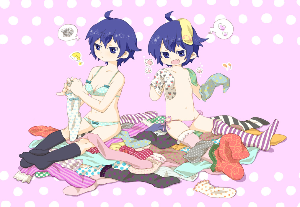 mot, shirogane naoto, atlus, persona, persona 4, third-party edit, 1girl, ?, androgynous, blue eyes, blue hair, bra, green panties, lingerie, loli, panties, pink panties, polka dot, polka dot panties, reverse trap, short hair, side-tie panties, socks, underwear, underwear only