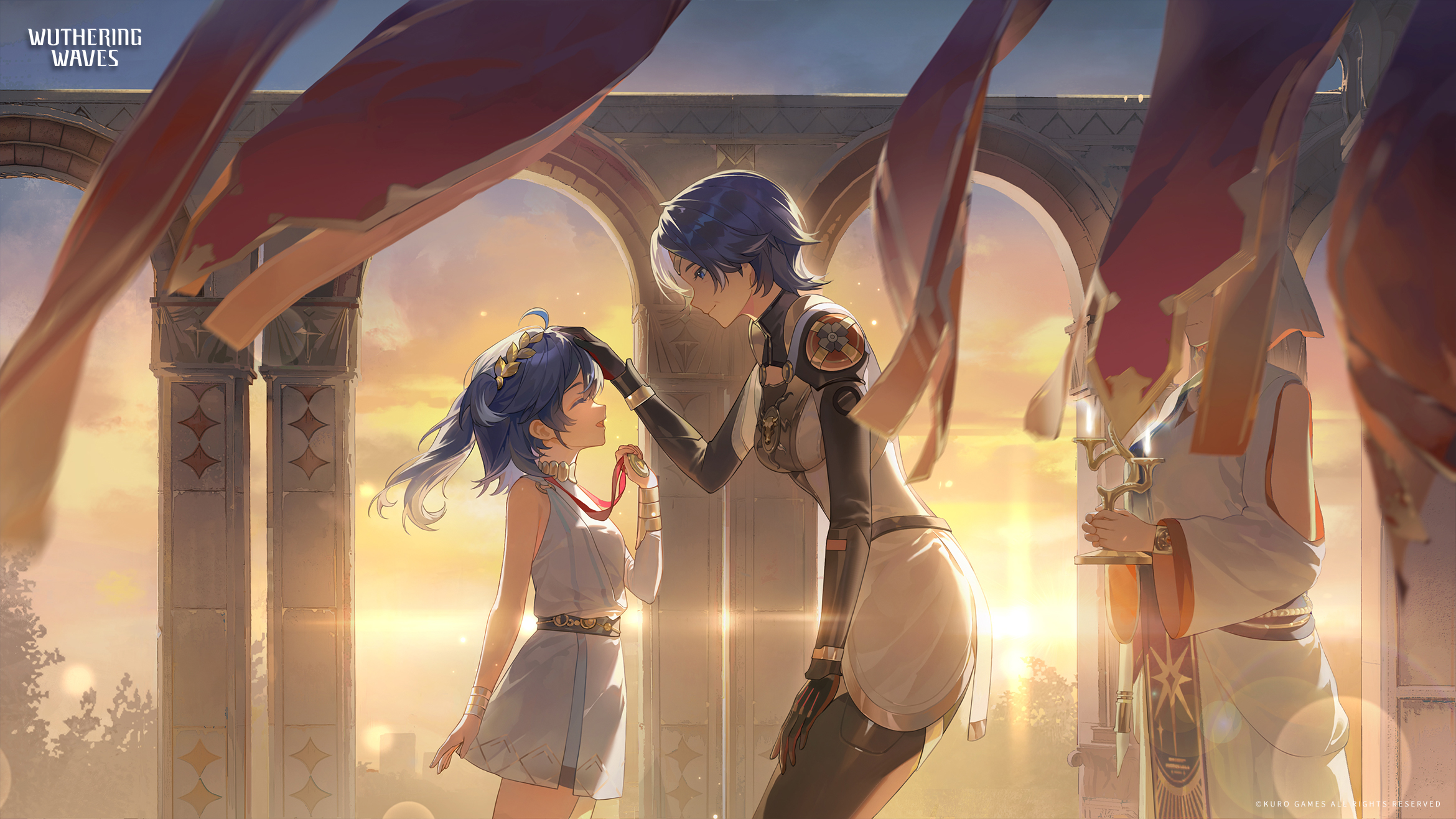 iuno (wuthering waves), wuthering waves, commentary, english commentary, highres, official art, 3girls, aged down, ahoge, ancient greek clothes, arm cutout, bare shoulders, blue eyes, blue hair, breasts, closed mouth, clothing cutout, copyright notice, dress, facing another, greco-roman clothes, head wreath, headpat, holding medal, logo, long hair, looking at another, medium breasts, mother and daughter, multiple girls, open mouth, outdoors, prosthesis, prosthetic arm, prosthetic leg, short hair, small breasts, smile, white dress