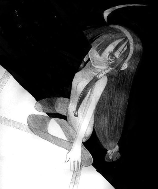 sakimiya naon, lucuha, lucu lucu, black hair, flat chest, greyscale, kneeling, long hair, monochrome, nude, thighhighs