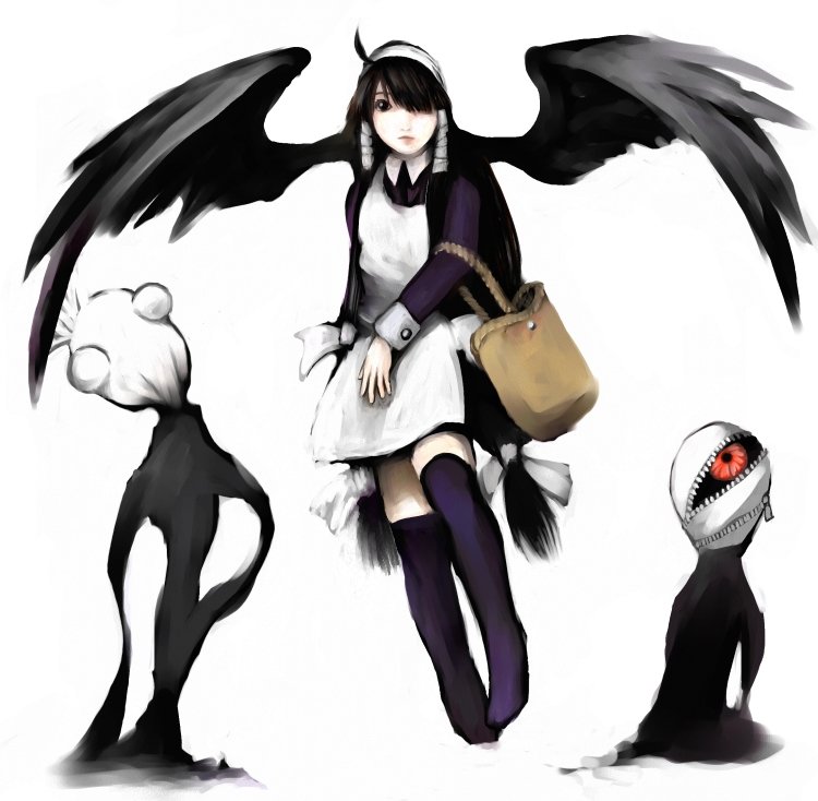 lucuha, lucu lucu, apron, bag, black hair, flying, hair wings, head wings, long hair, ribbon, solo, thighhighs, wings