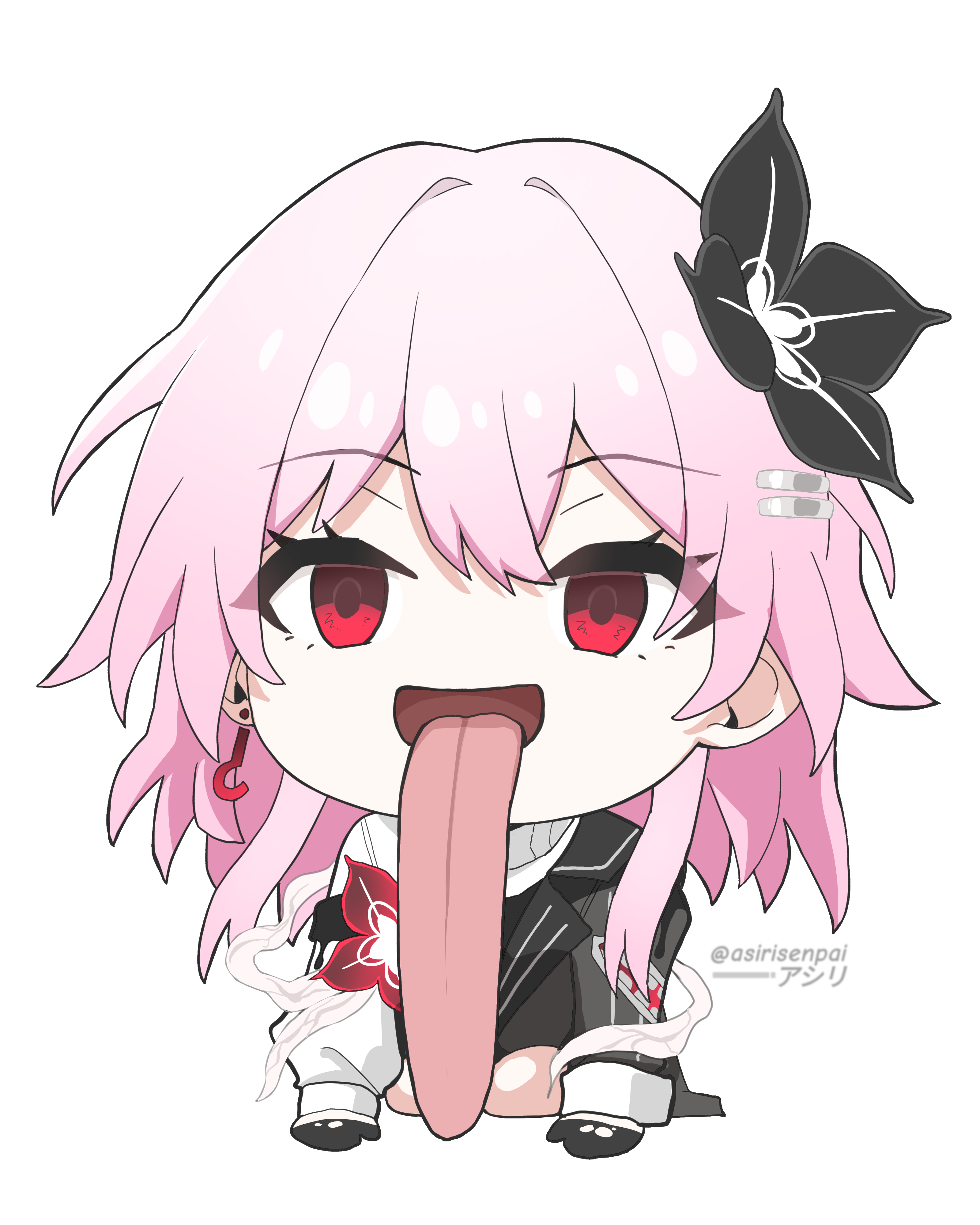 asiri senpai, evernight (honkai: star rail), march 7th (honkai: star rail), honkai: star rail, honkai (series), absurdres, commentary, highres, 1girl, asymmetrical clothes, black dress, black flower, black gloves, chibi, chibi only, dress, earrings, flower, freaky satono diamond (meme), gloves, hair between eyes, hair flower, hair ornament, jewelry, long hair, long tongue, looking at viewer, medium hair, meme, pink hair, red eyes, simple background, solo, tongue, tongue out, twitter username, white background