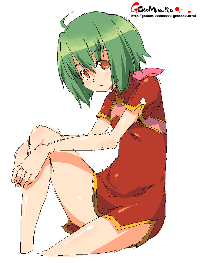 onija tarou, ranka lee, macross, macross frontier, 00s, 1girl, brown eyes, china dress, chinese clothes, dress, female focus, green hair, legs, oekaki, orange eyes, short hair, simple background, solo, white background