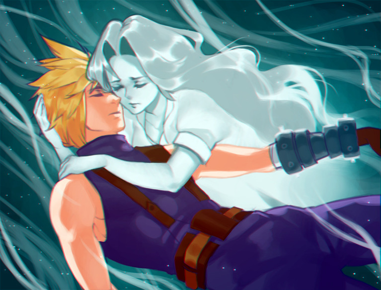 hollyfig, aerith gainsborough, cloud strife, final fantasy, final fantasy vii, 1boy, 1girl, armored gloves, arms around neck, bandaged arm, bandages, bare shoulders, belt, blonde hair, blue pants, blue shirt, brown belt, brown gloves, closed eyes, floating, gloves, hand in another's hair, hetero, lifestream, long hair, pants, parted lips, puffy short sleeves, puffy sleeves, shirt, short hair, short sleeves, sleeveless, sleeveless turtleneck, spiked hair, spirit, suspenders, turtleneck, upper body, wavy hair