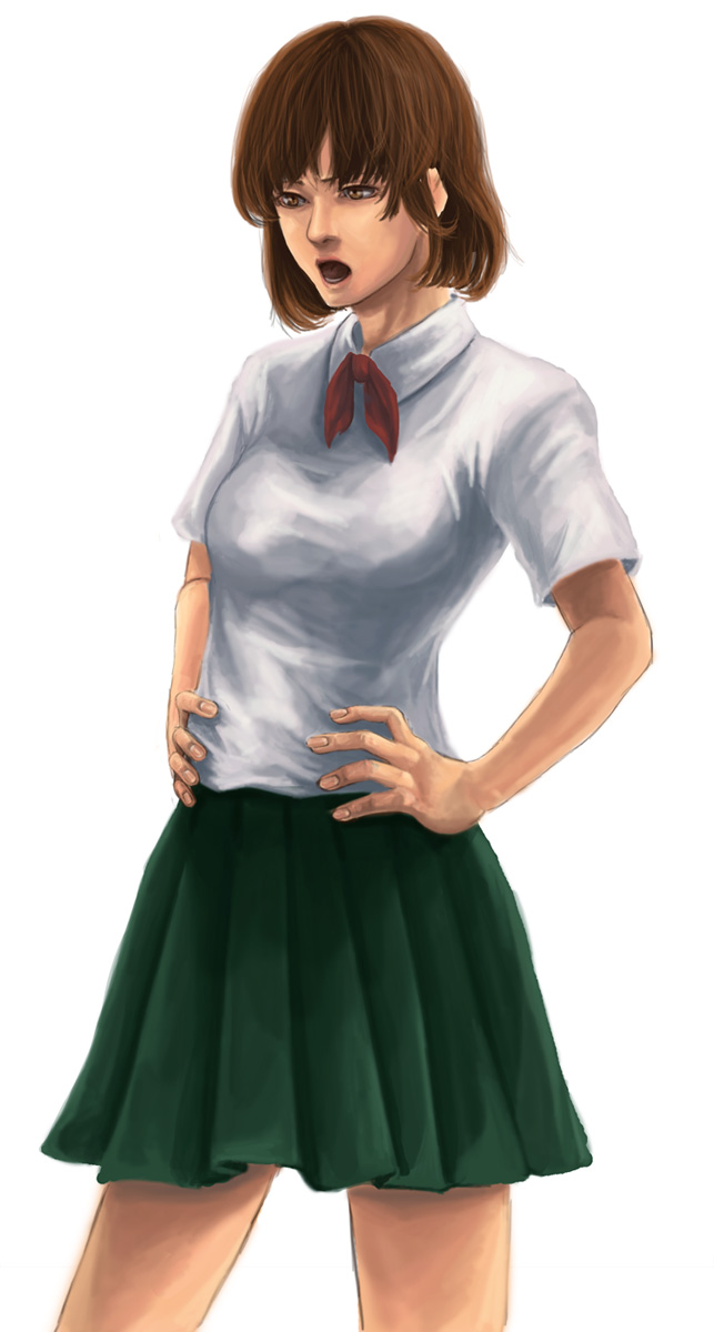 haruki teiuno, anezaki mamori, eyeshield 21, bad id, bad pixiv id, highres, 00s, brown eyes, brown hair, hands on own hips, short hair, skirt, solo