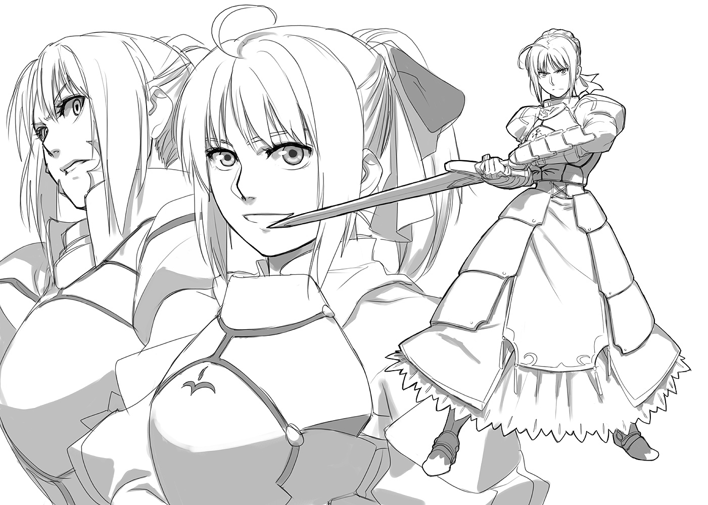 azusa (hws), artoria pendragon (fate), saber (fate), saber alter, saber alter (second ascension), saber lily, capcom, fate/stay night, fate/unlimited codes, fate (series), 00s, 1girl, armor, armored dress, dress, greyscale, monochrome, sword, weapon
