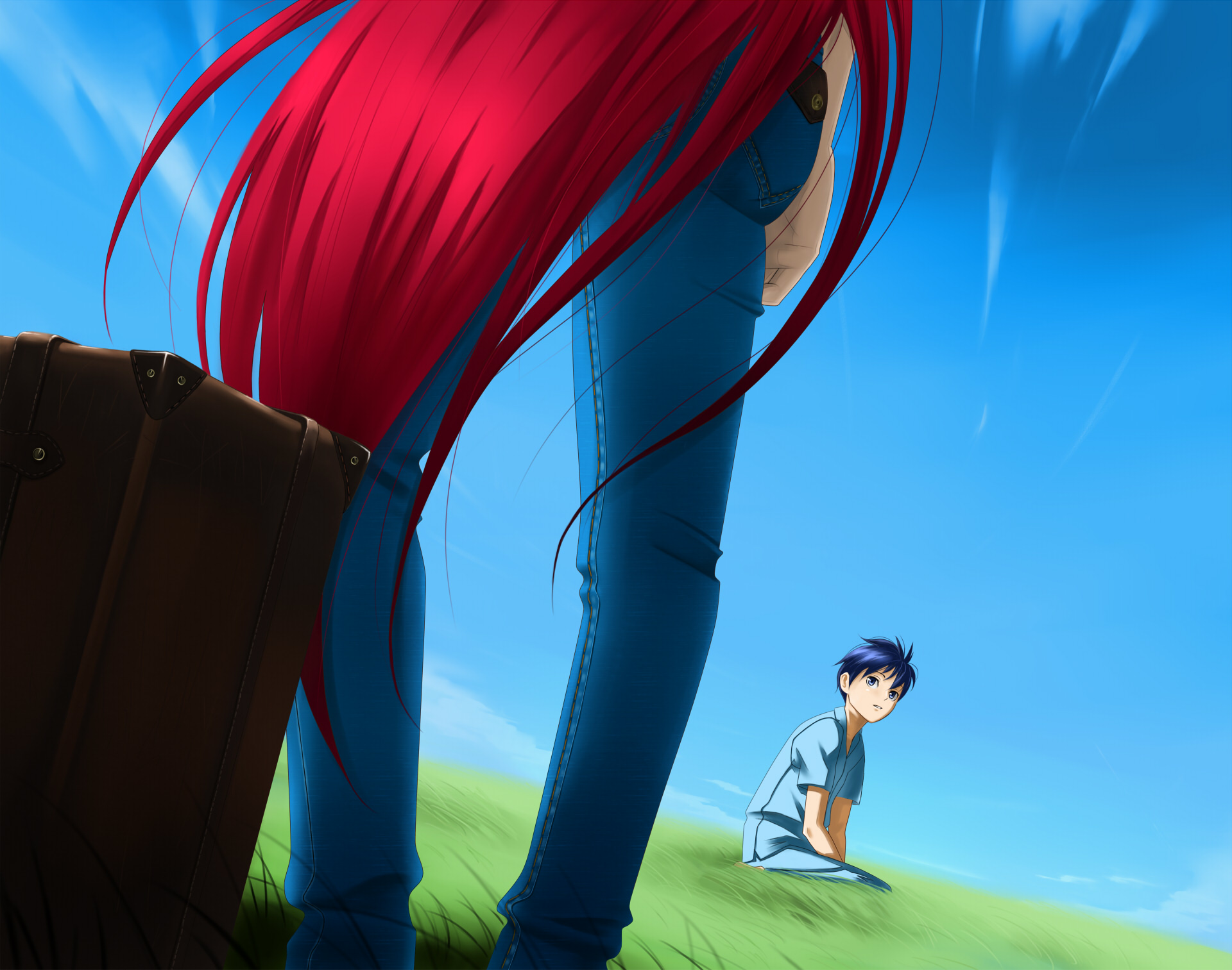 amino (tn7135), aozaki aoko, tohno shiki, tsukihime, bad id, bad pixiv id, highres, 00s, 1boy, 1girl, ass, day, denim, jeans, long hair, outdoors, pants, red hair, sky, very long hair