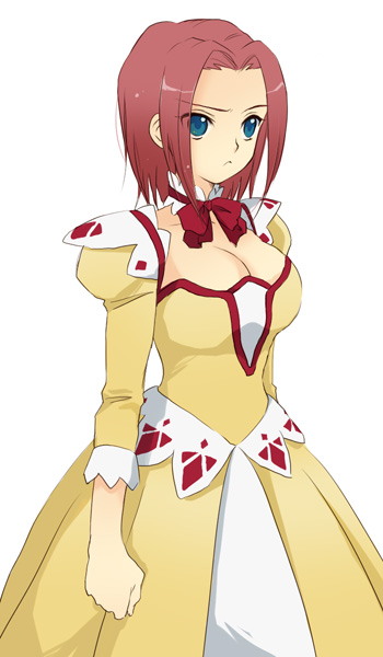 plum (arch), kouzuki kallen, code geass, 00s, 1girl, blue eyes, breasts, cleavage, cowboy shot, dress, female focus, medium breasts, pink hair, short hair, solo