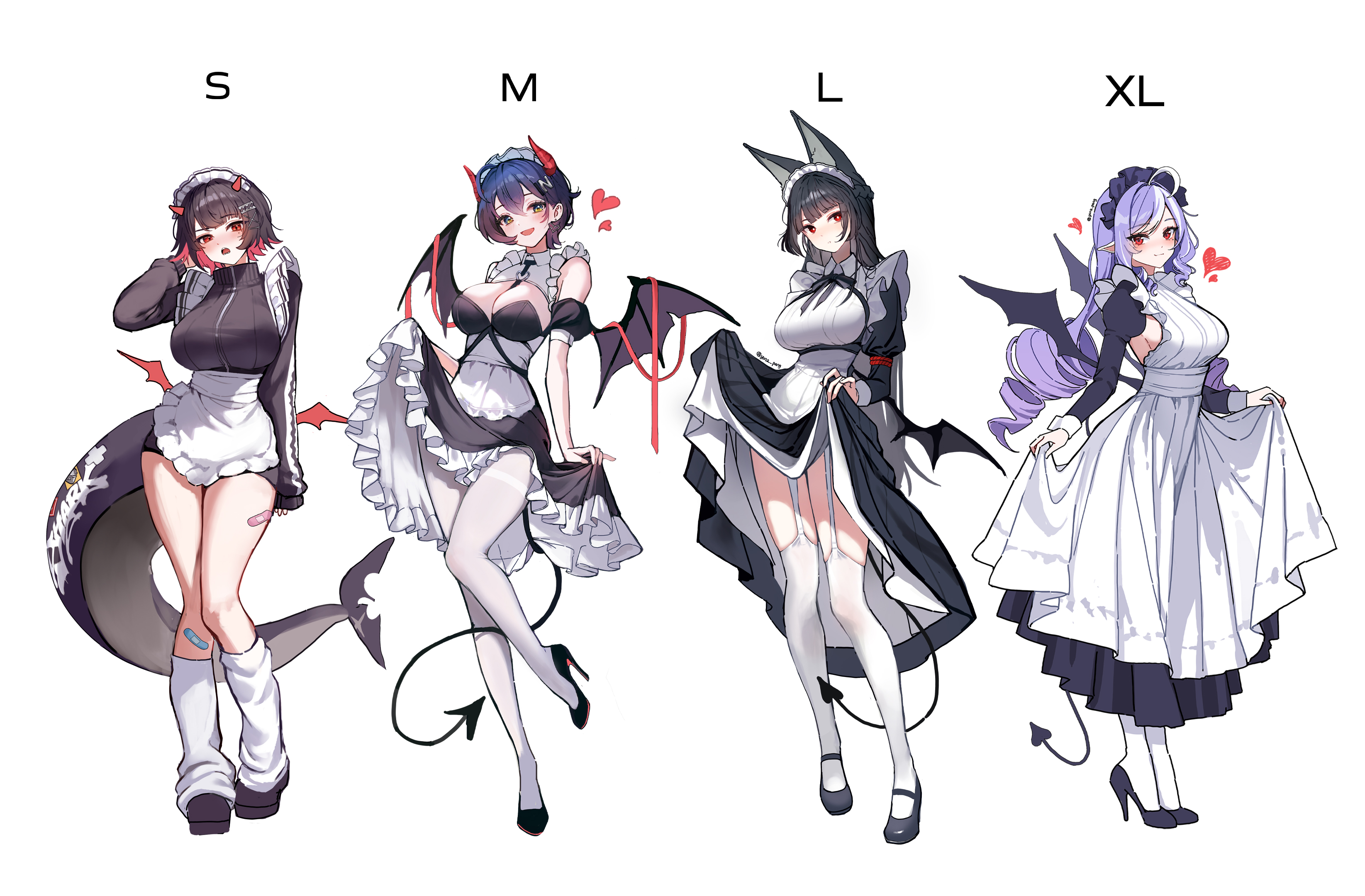 yuna (deadawon), belle (zenless zone zero), ellen joe, hoshimi miyabi, vivian banshee, zenless zone zero, absurdres, highres, 4girls, alternate breast size (larger), alternate costume, animal ears, apron, arm behind head, bandaid, bandaid on leg, black dress, black hair, black jacket, black panties, black shoes, black shrug, black wings, blue hair, blush, bow, breasts, closed mouth, colored inner hair, demon tail, demon wings, dress, drill hair, enmaided, fake horns, fake tail, fake wings, fins, fish tail, fox ears, fox girl, full body, garter straps, green eyes, hair between eyes, hair ornament, hairband, heart, high heels, horns, jacket, large breasts, layered dress, leg warmers, letter hair ornament, lifting own clothes, long hair, long sleeves, looking at viewer, maid, maid apron, maid headdress, mini wings, mole, mole under eye, multicolored hair, multiple girls, open mouth, panties, pantyhose, pointy ears, purple hair, purple hairband, raised eyebrow, razor blade hair ornament, red bow, red eyes, scar, scar on tail, shark girl, shark tail, shoes, short hair, shrug (clothing), sideboob, simple background, skirt hold, smile, standing, standing on one leg, tail, thighhighs, underwear, very long hair, white apron, white background, white dress, white leg warmers, white pantyhose, white thighhighs, wings, zipper
