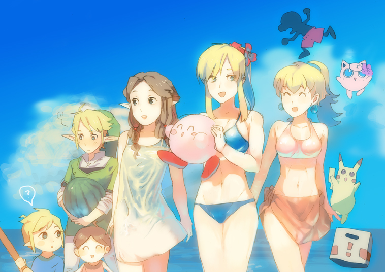 uichi, ice climbers, jigglypuff, kirby, link, mr. game & watch, nana (ice climber), pikachu, princess peach, princess zelda, samus aran, toon link, game & watch, ice climber, kirby (series), mario (series), metal gear (series), metal gear solid, metroid, nintendo, pokemon, super smash bros., the legend of zelda, 3boys, 4girls, ^ ^, beach, bikini, blonde hair, blue bikini, box, brown hair, cardboard box, child, closed eyes, cloud, cowboy shot, crossover, day, flower, food, fruit, gen 1 pokemon, hair flower, hair ornament, holding, holding food, holding fruit, holding watermelon, multiple boys, multiple crossover, multiple girls, ocean, outdoors, pink bikini, pokemon (creature), ponytail, sarong, stomach, swimsuit, water, watermelon